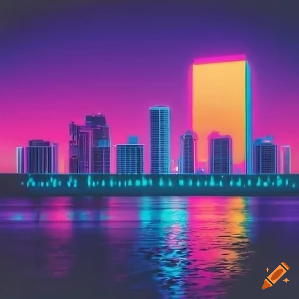 Miami cityscape in retro synthwave style