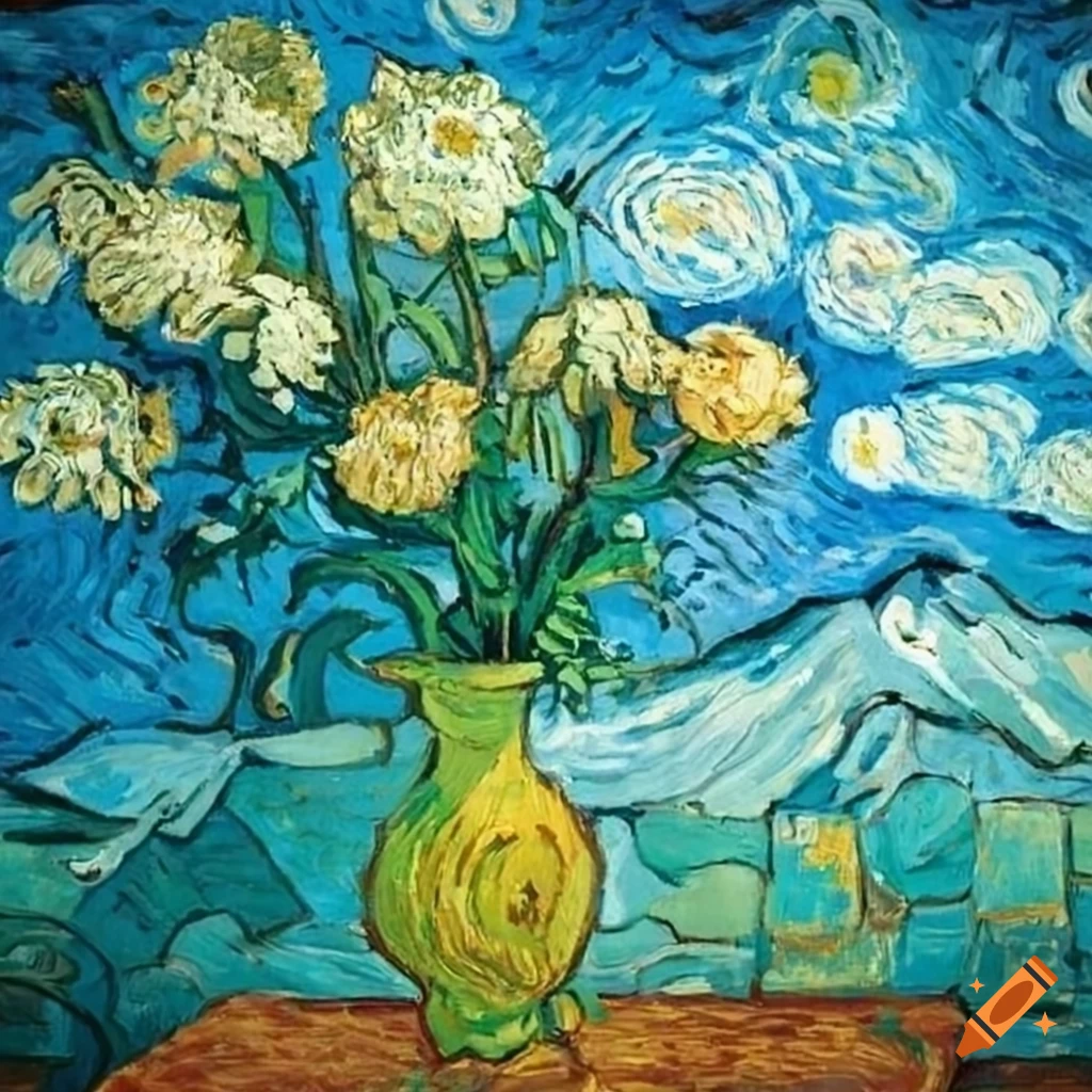 Van gogh's painting of a vase of flowers with mountain view outside on Craiyon