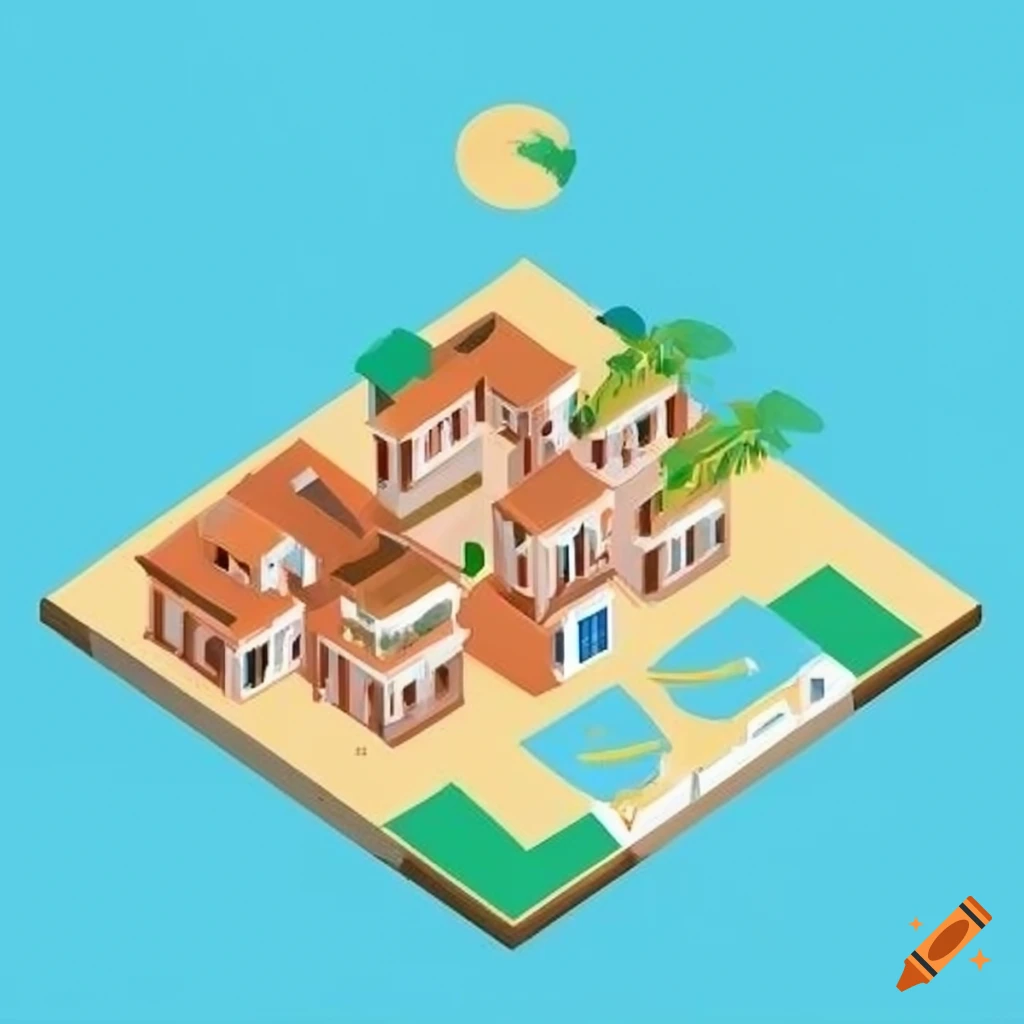 coastal town with beach in flat painting style