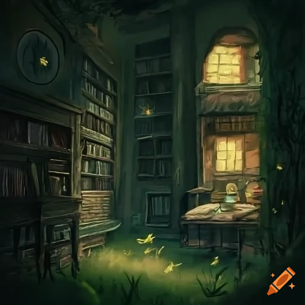 spooky abandoned library with fireflies