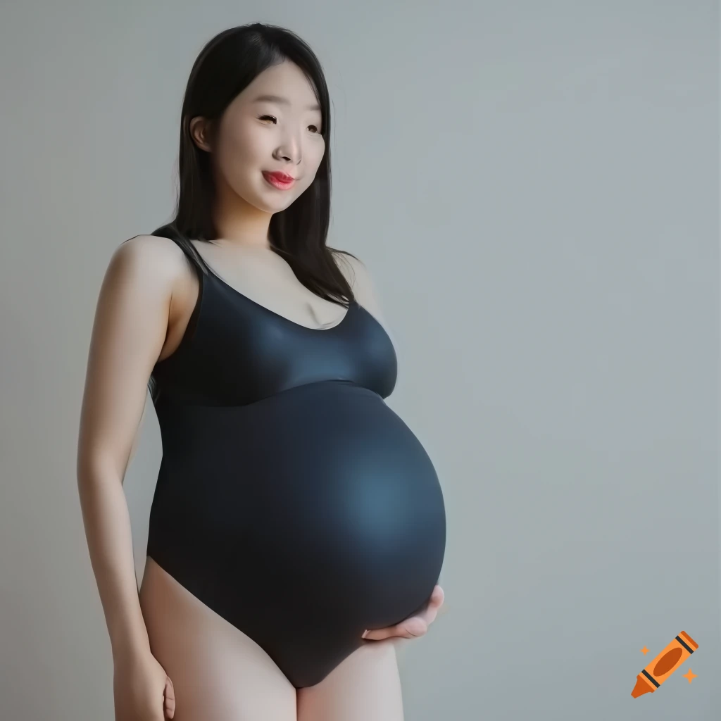 photograph of a pregnant Japanese woman in a swimsuit