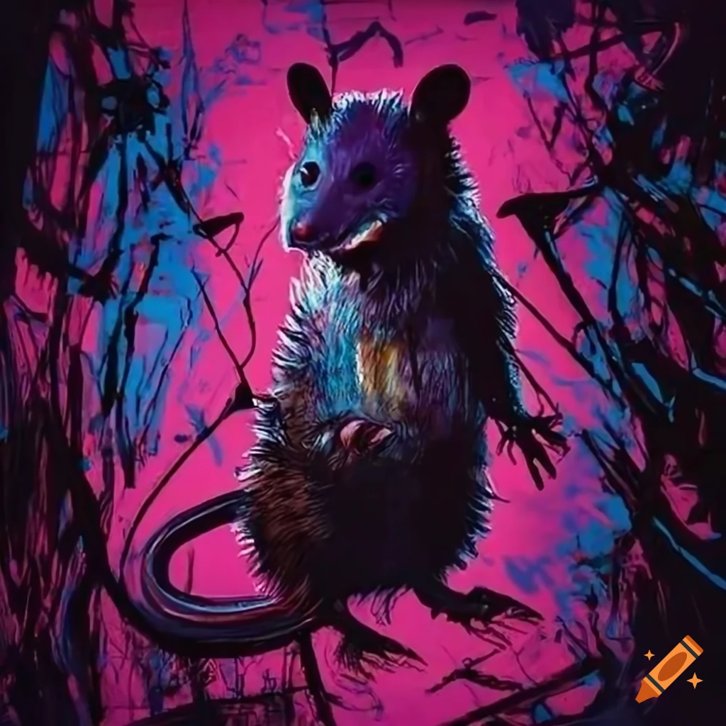 cyberpunk opossum art inspired by Jackson Pollock