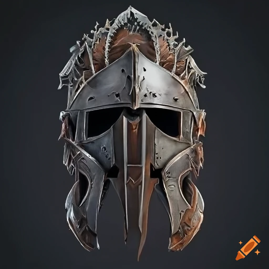 intricate symmetrical battle helmet