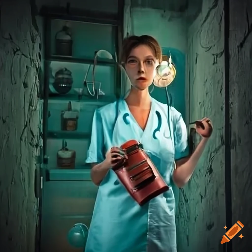 image of a nurse with a kerosene lamp in a bunker