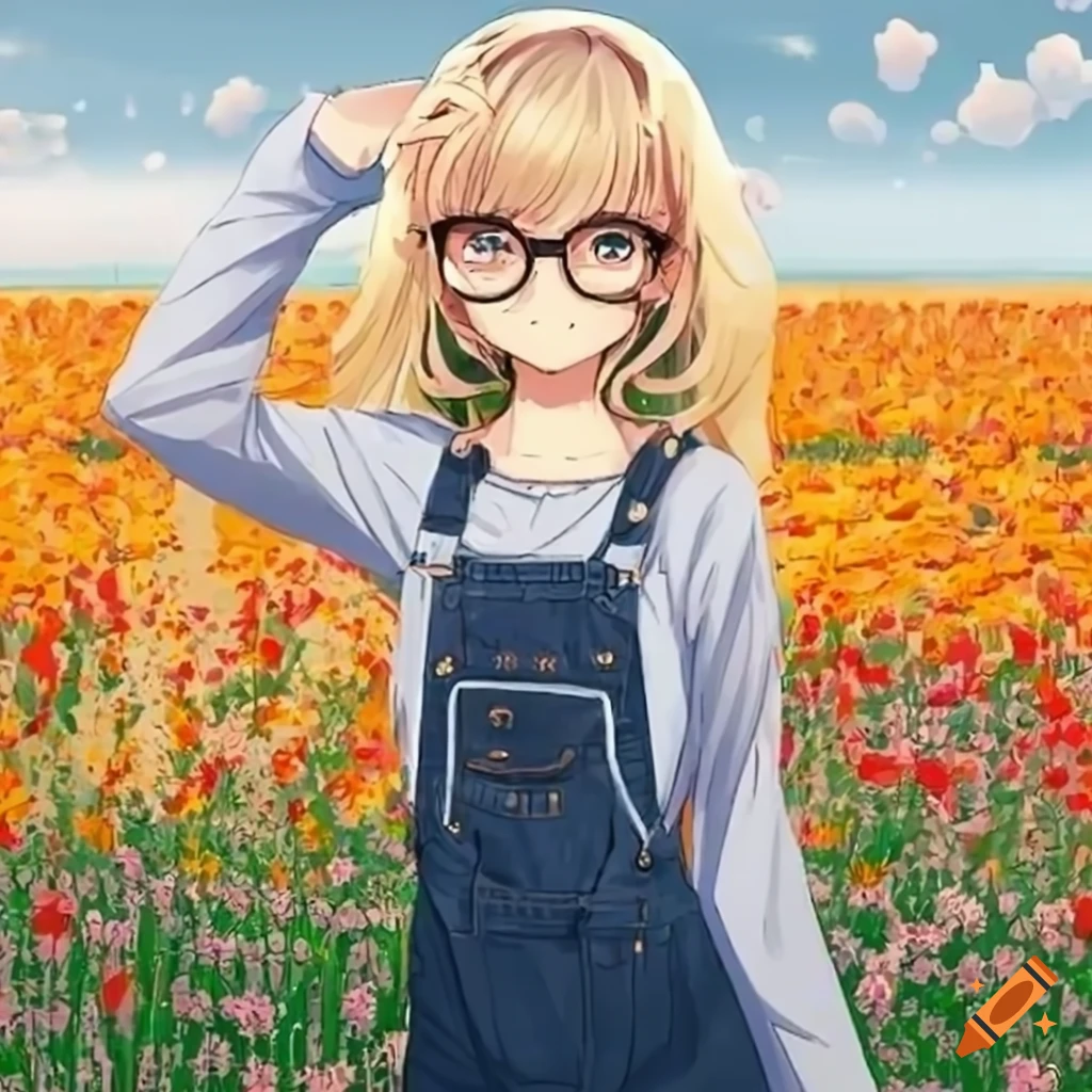 Anime girl in flower fields wearing overalls