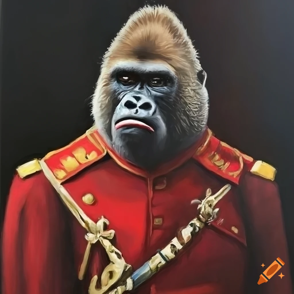 oil painting of a gorilla in military uniform