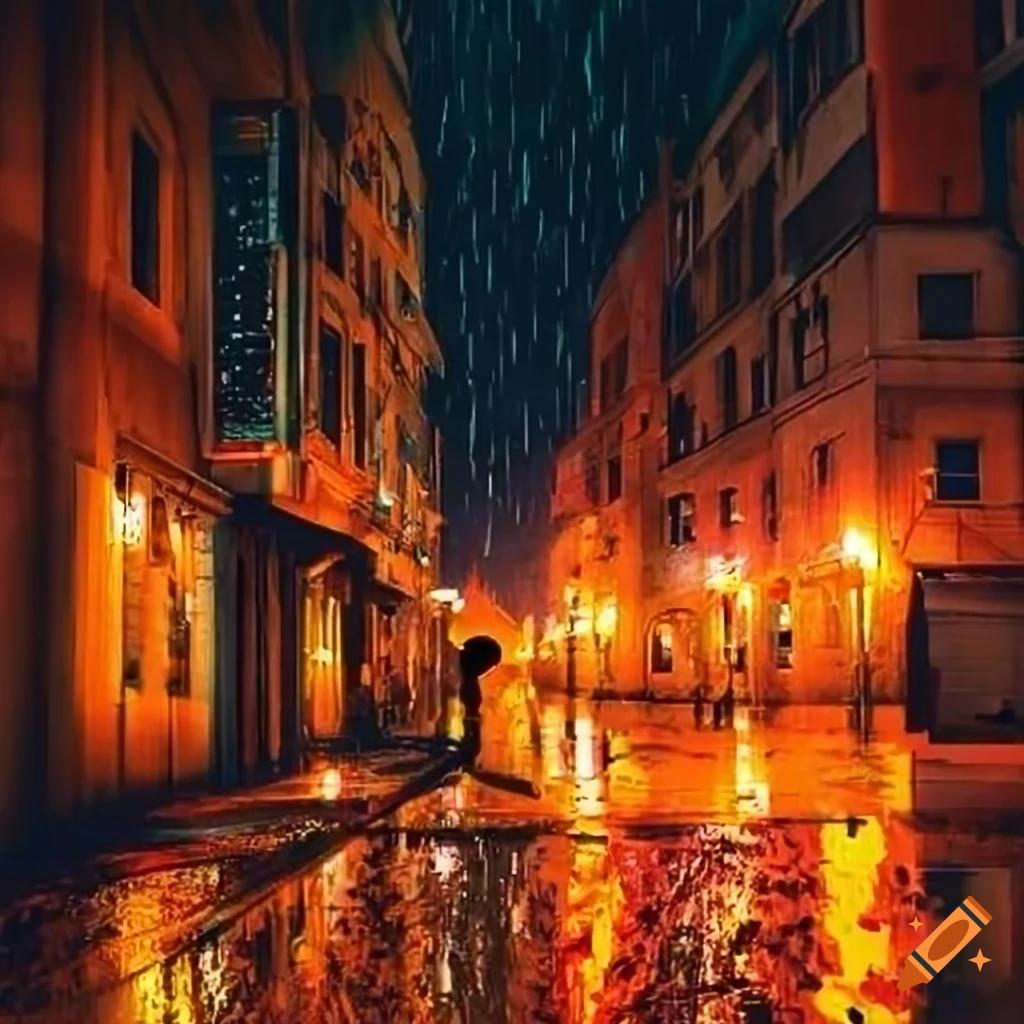 Orangethemed rainy night cityscape on Craiyon