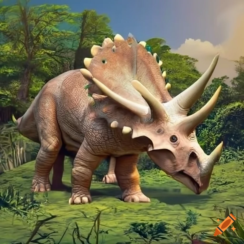 gigantic beige triceratops in tall vegetation