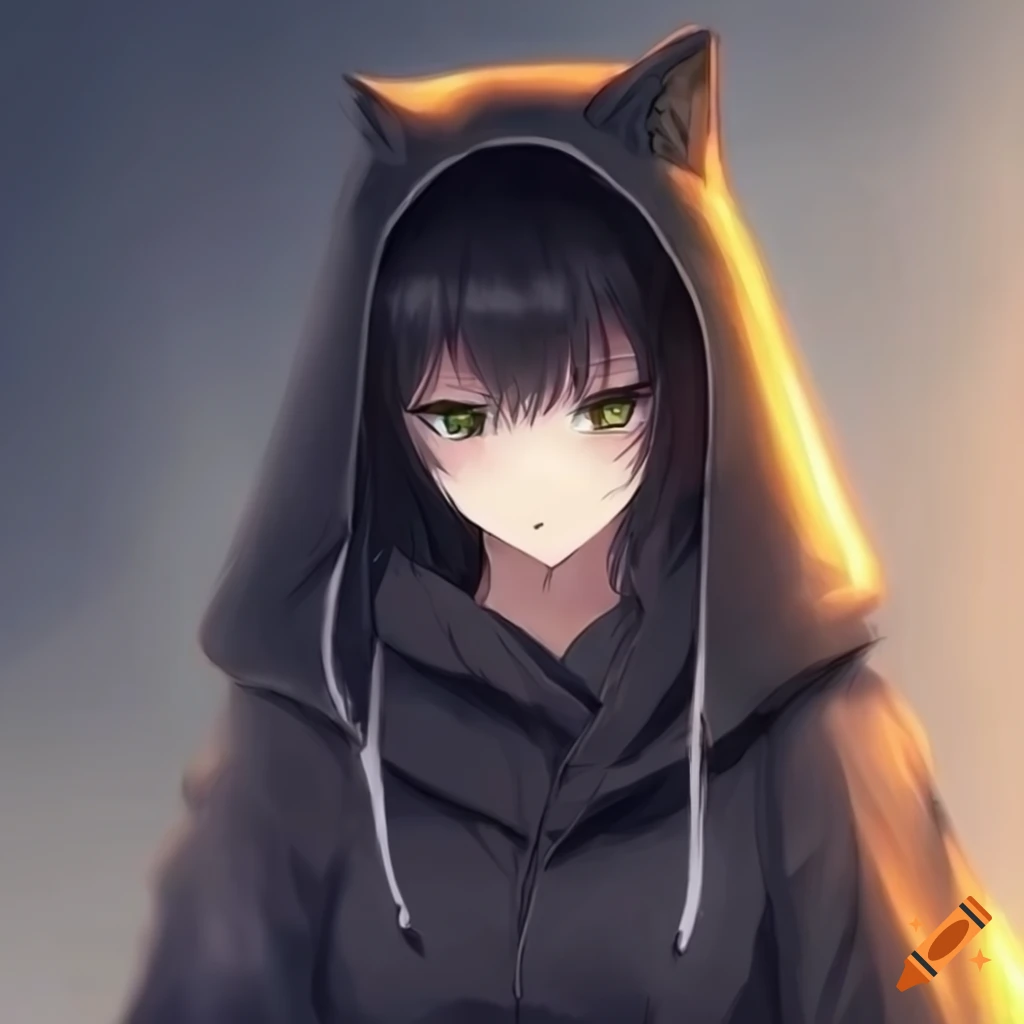 Anime girl with black hair wearing a wolf-cut hood on Craiyon