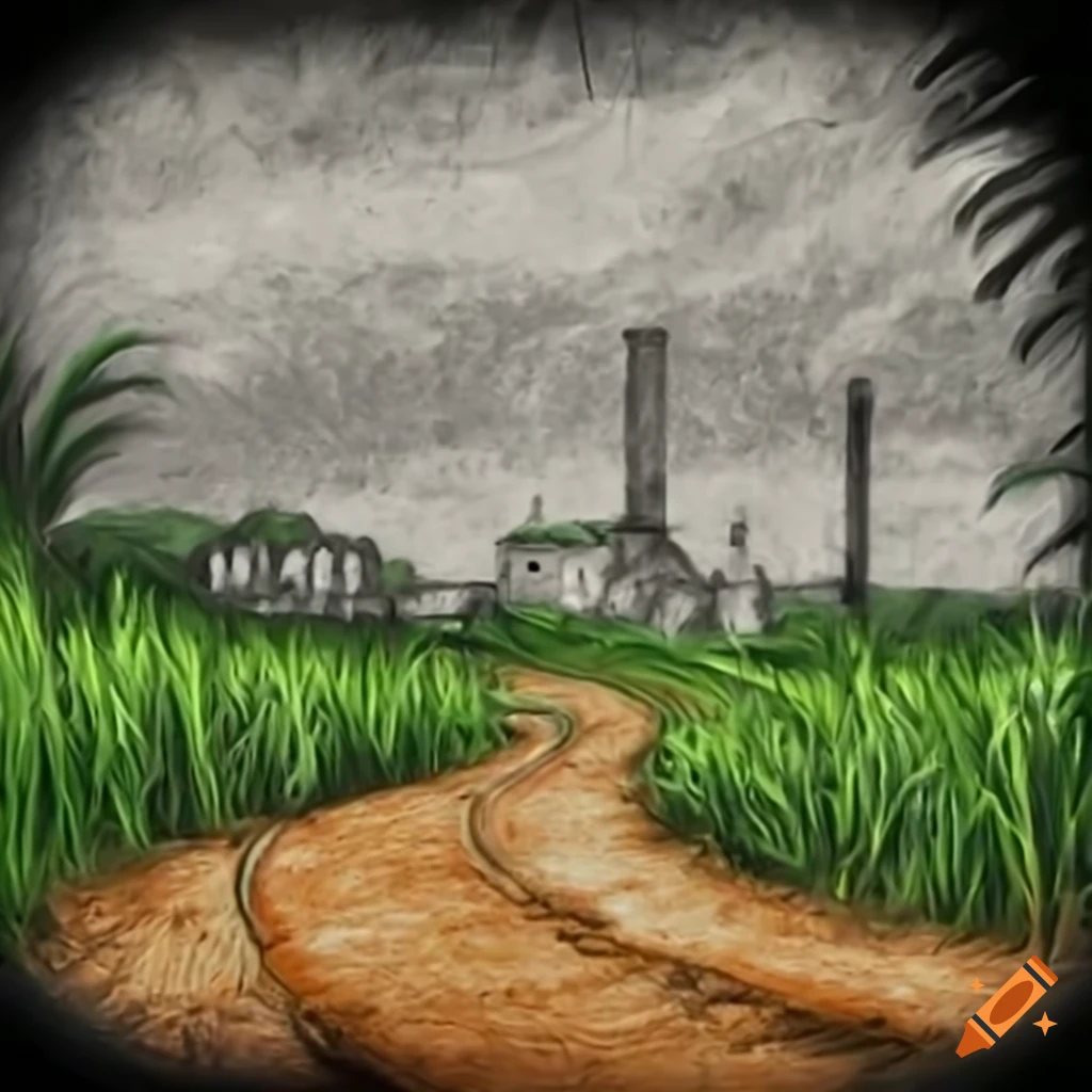 sugar cane field with a Cuban sugar refinery ruins