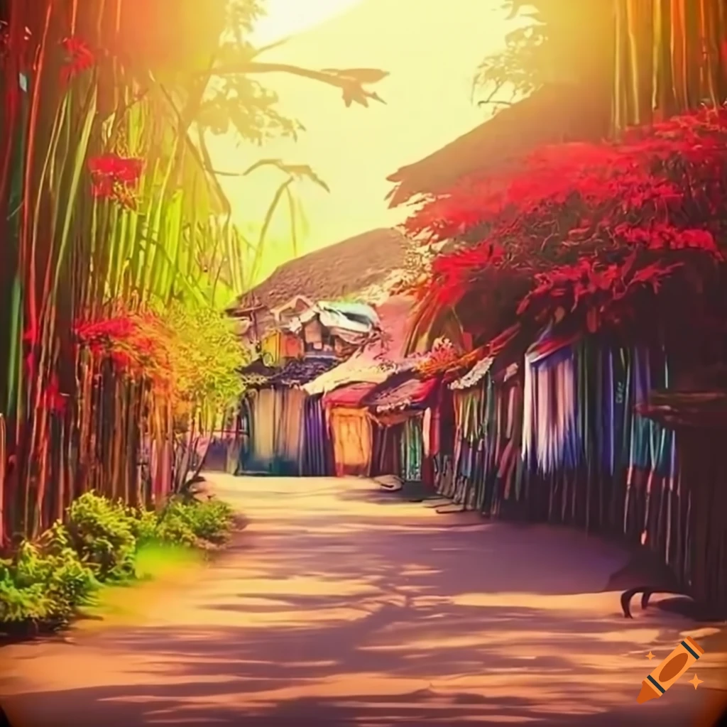 vintage village with bamboo trees and old road