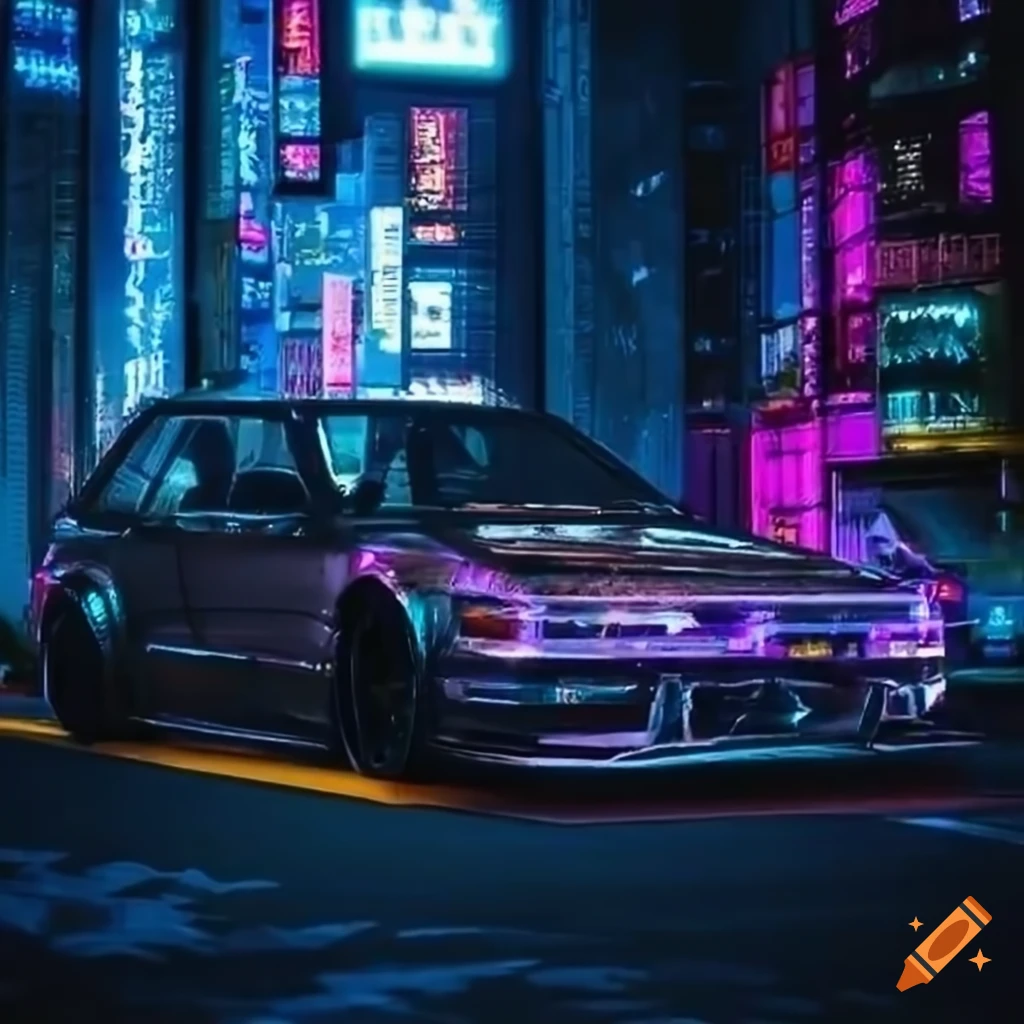 Front view of a cyberpunk car in a neon-lit city