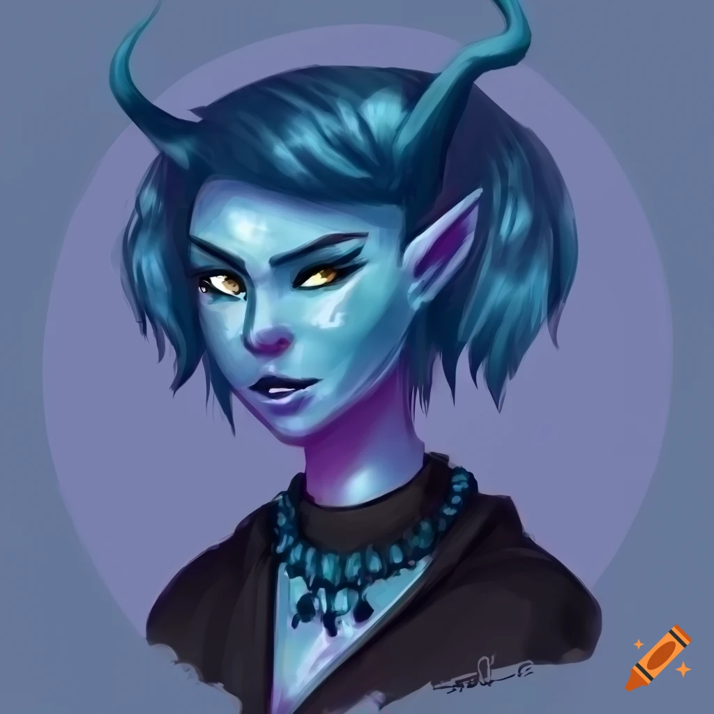 Blue tiefling character with spiky hair and necklace