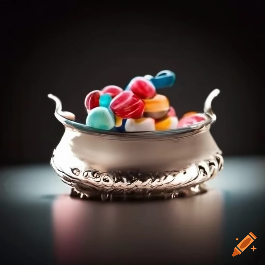 Silver candy dish filled with assorted candies