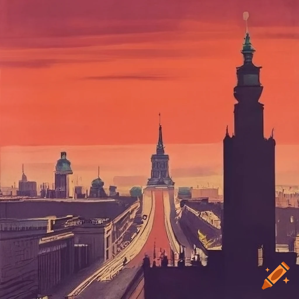 Vintage travel poster artwork of Warsaw in the far future