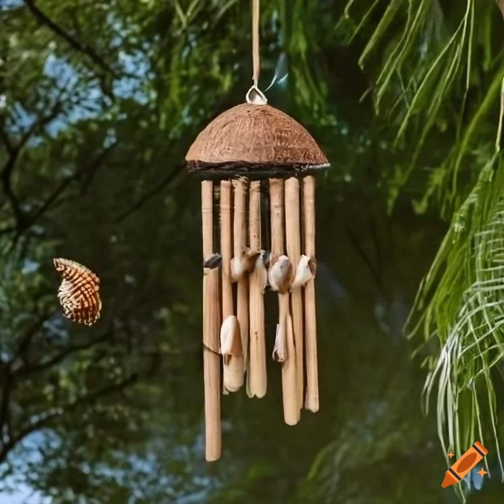 Coconut shell wind chime with seashells and bamboo sticks