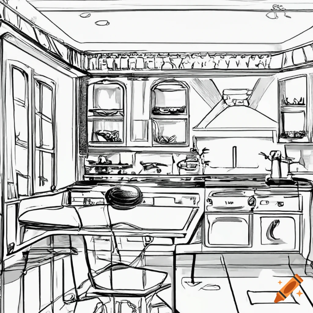 Black and white coloring book page of a simple kitchen