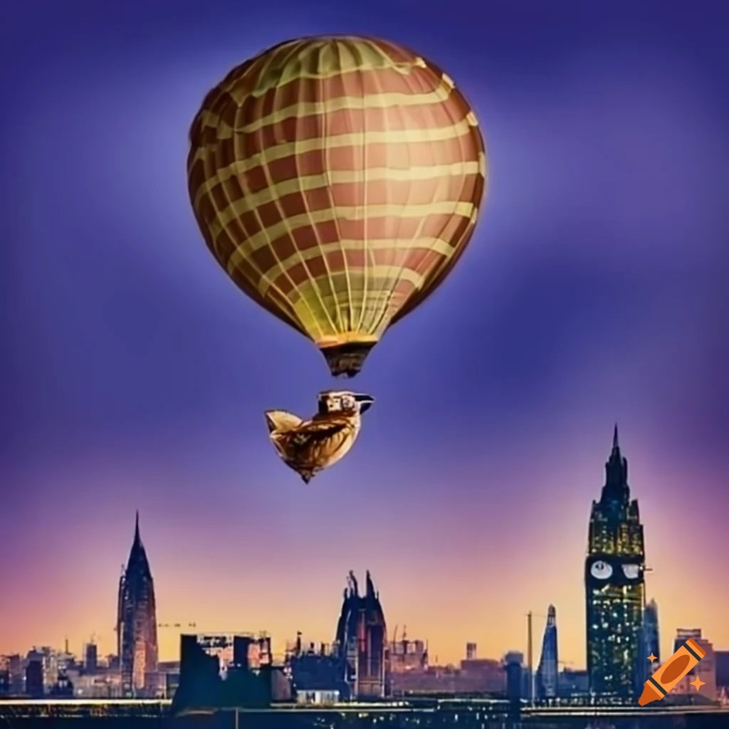 realistic artwork of a sloth piloting a hot air balloon over London