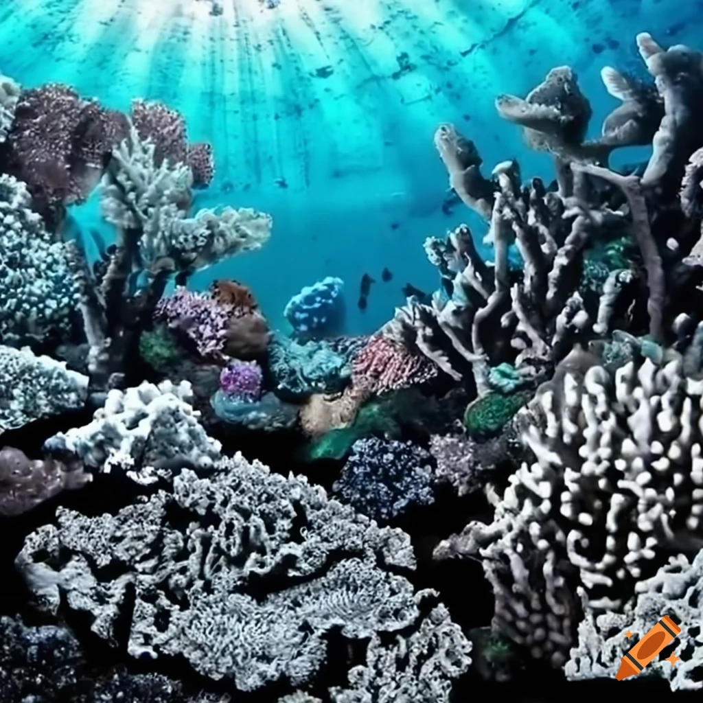 Bleached coral reefs underwater