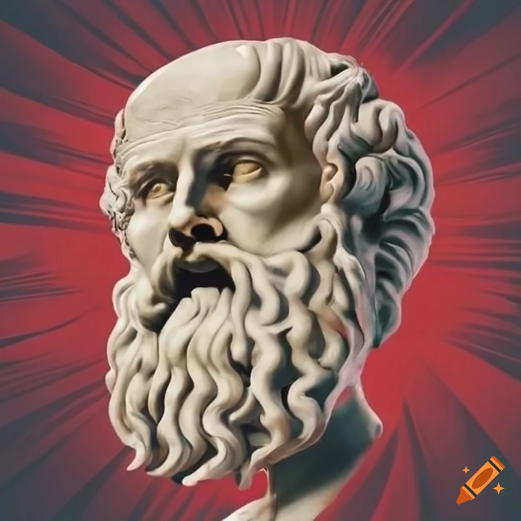 portrait of a Greek philosopher with trading charts in the background