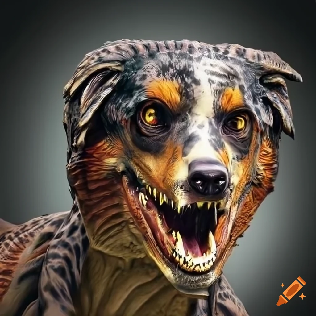 Hybrid animal with raptor dinosaur body and australian shepherd head