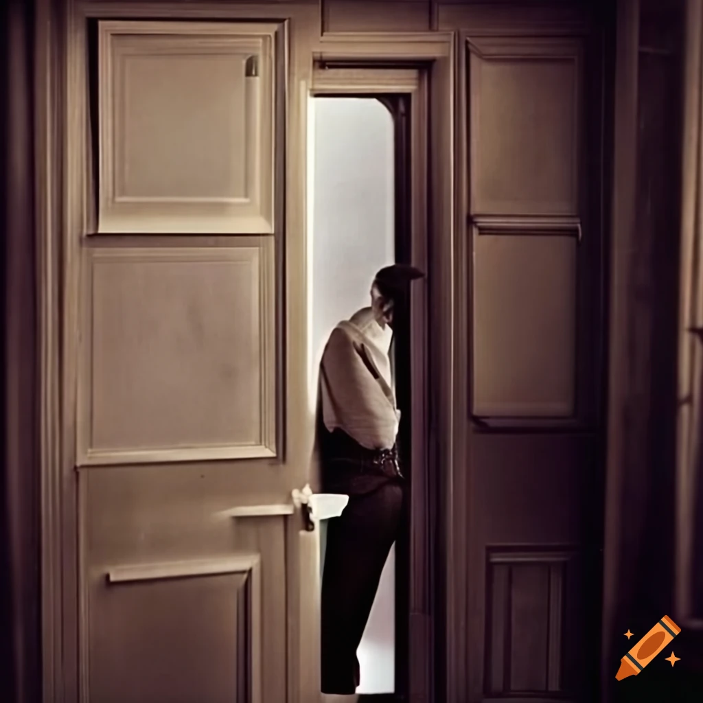 vintage office scene with man exiting through a door