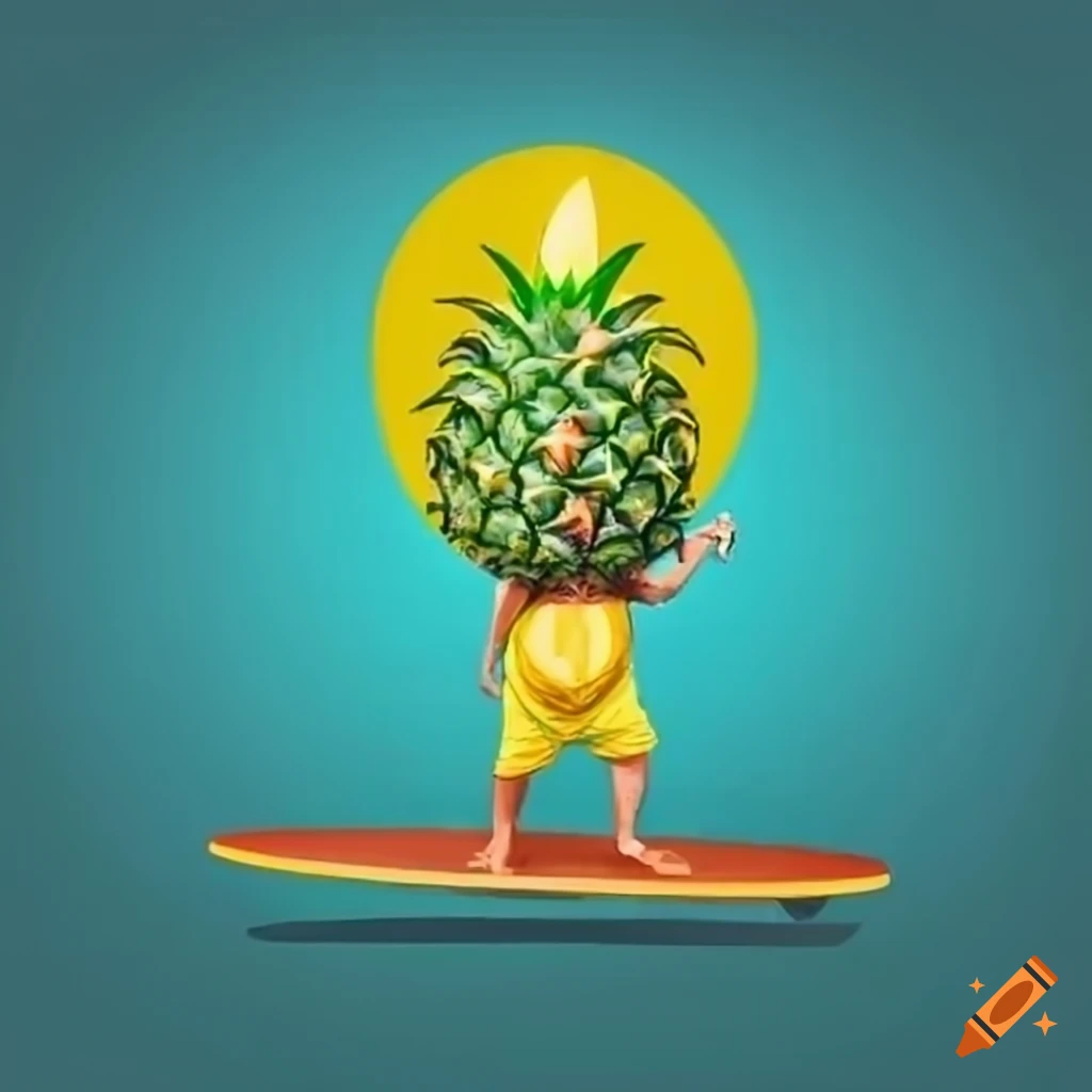 Man in yellow costume surfing with a pineapple head