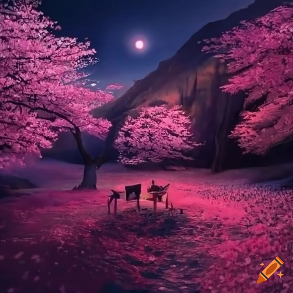fantasy artwork of a midnight mountain with cherry trees and multiple moons