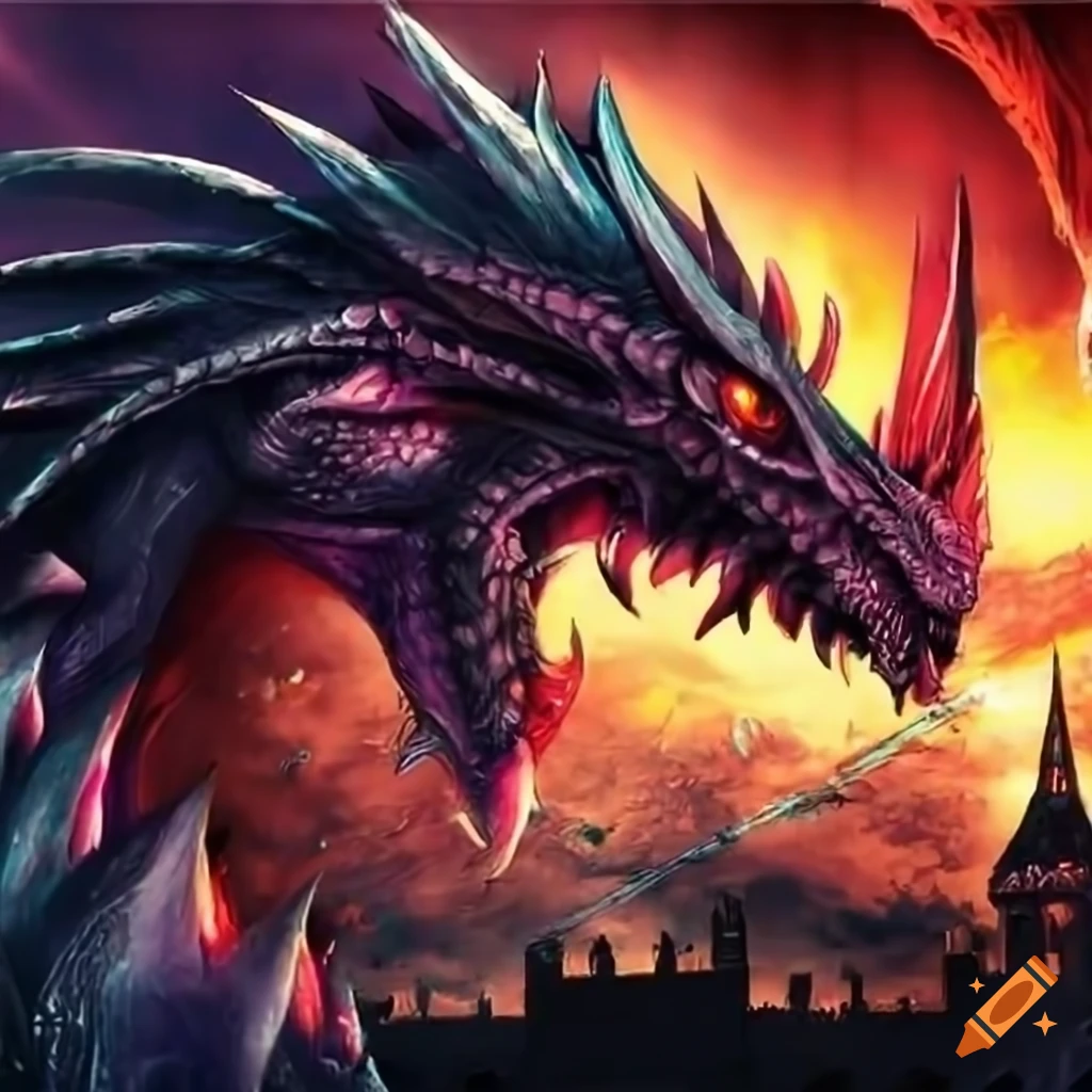 Detailed anime dragon with destroyed castle background