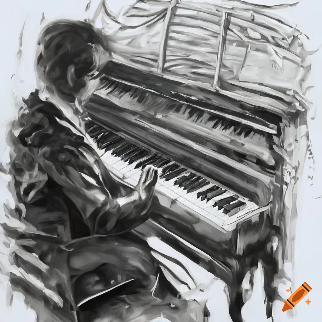 monochromatic drawing of a piano on white background