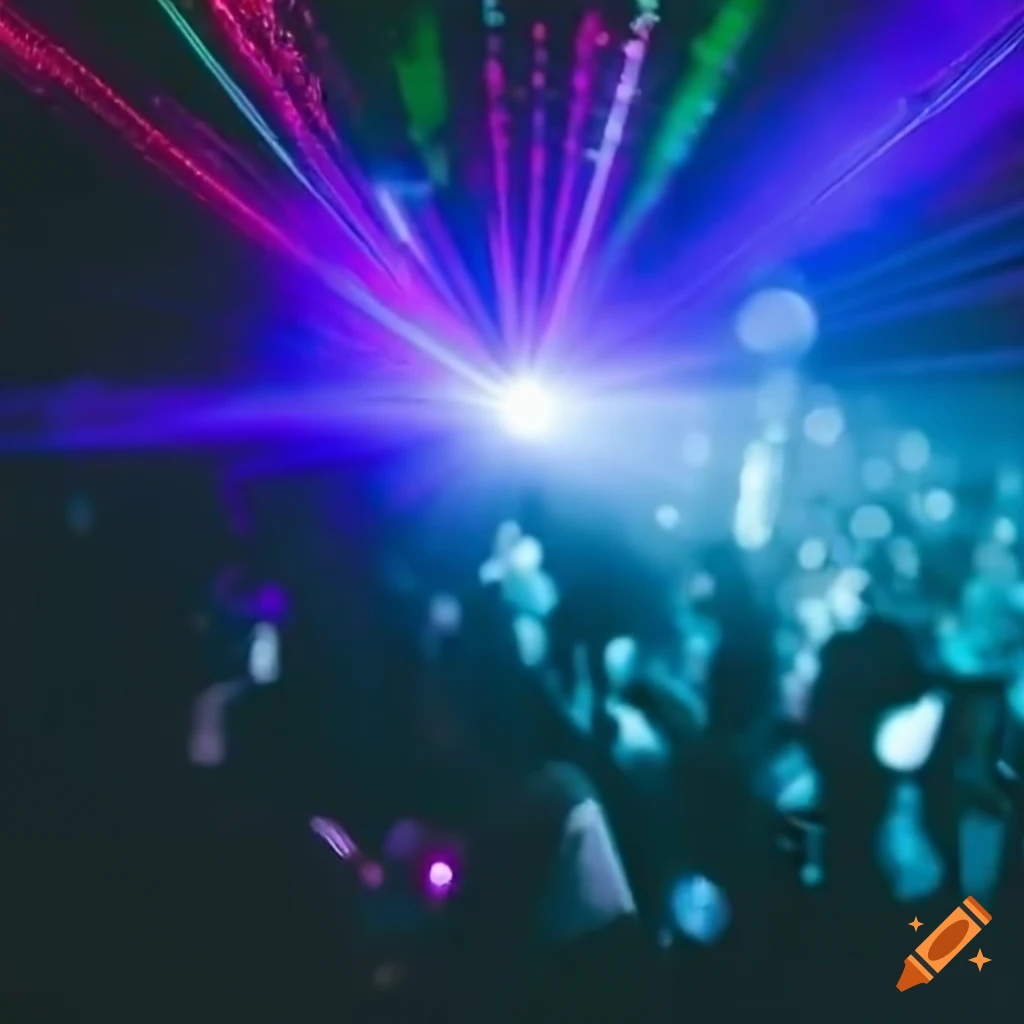 Grayscale image of warehouse rave party with lasers on Craiyon