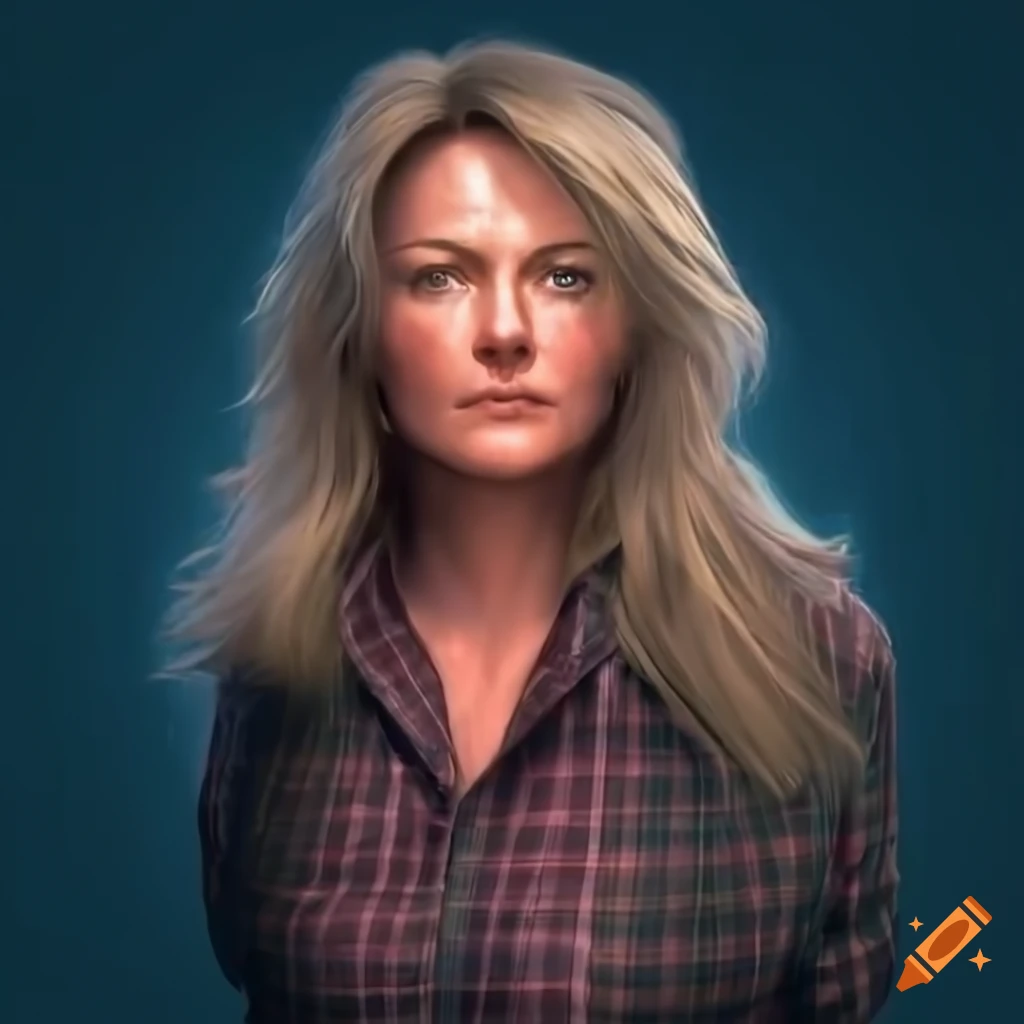 Photorealistic image of a young actress with messy hair and plaid shirt ...