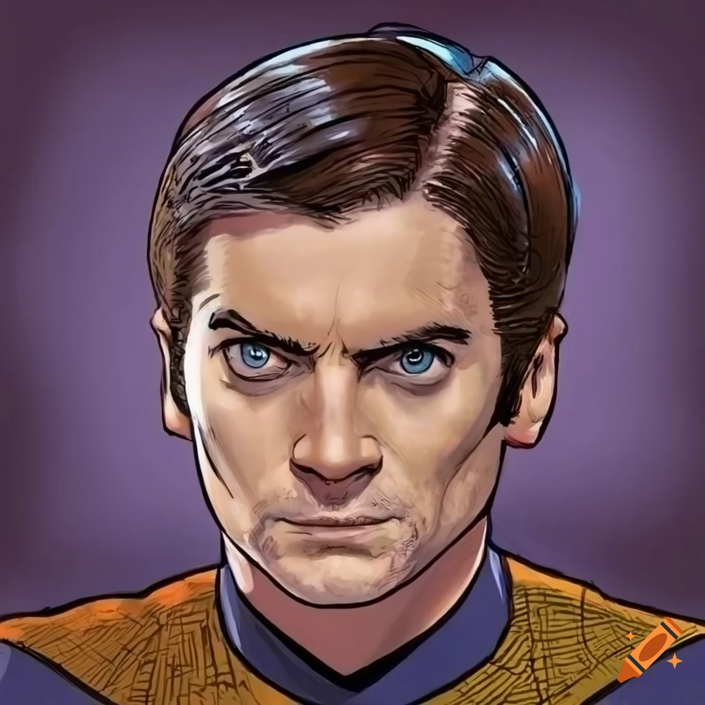 Comic book style illustration of wes bentley as captain of the enterprise