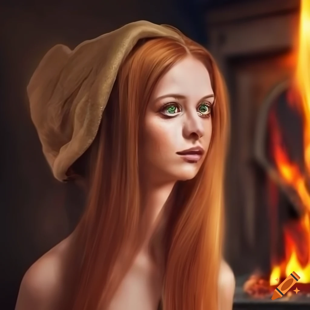 photo realistic artwork of a mage drying her hair by a fireplace