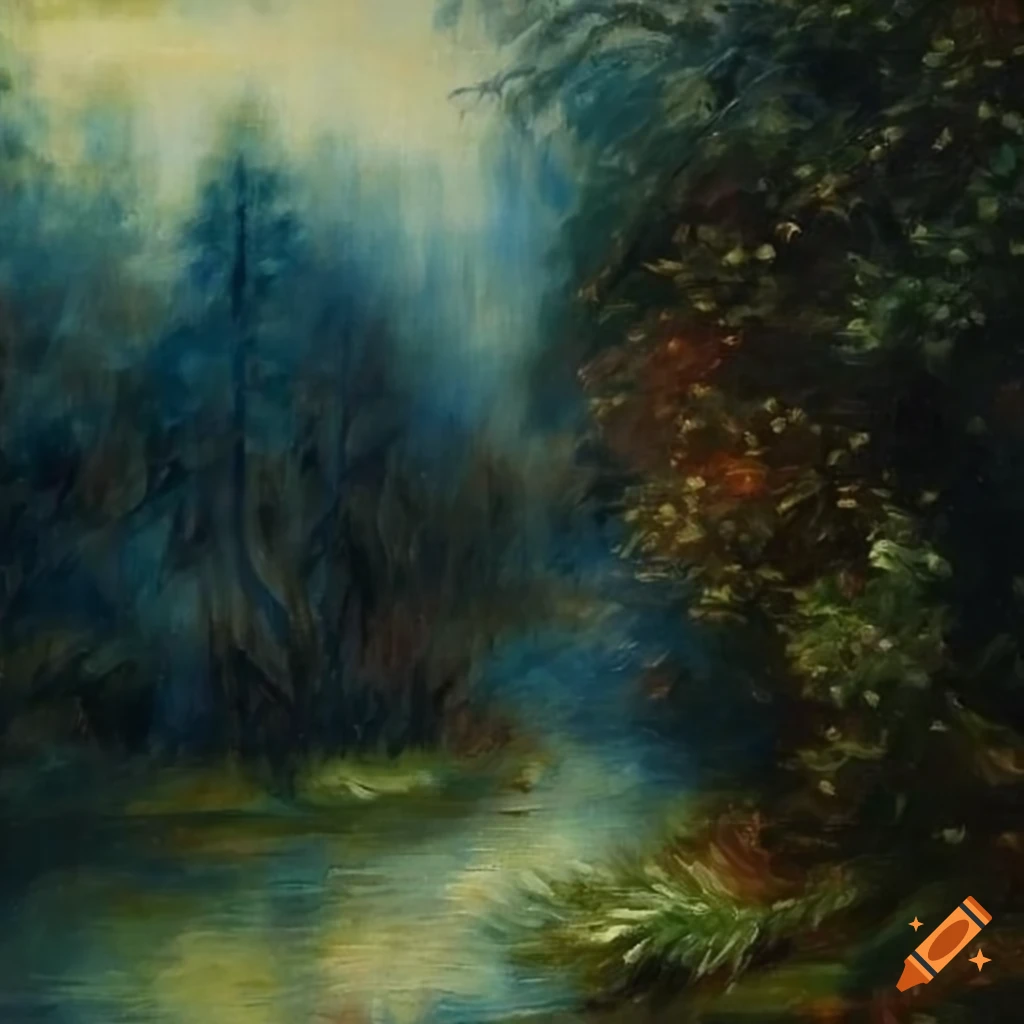Renoir oil painting of a misty dark forest with white flowers on Craiyon