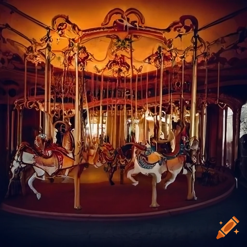 Creepy carousel in an orange-ish pink lit room