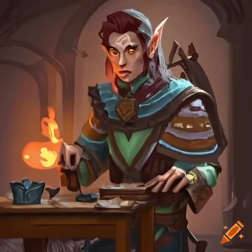 Illustration of a male elf artificer wizard crafting a trinket