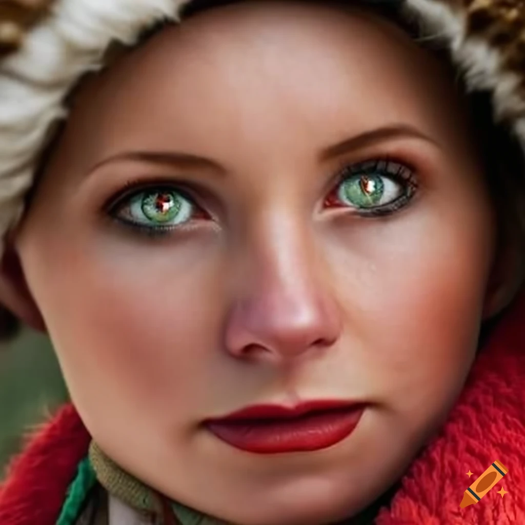 woman with green eyes handling a reindeer