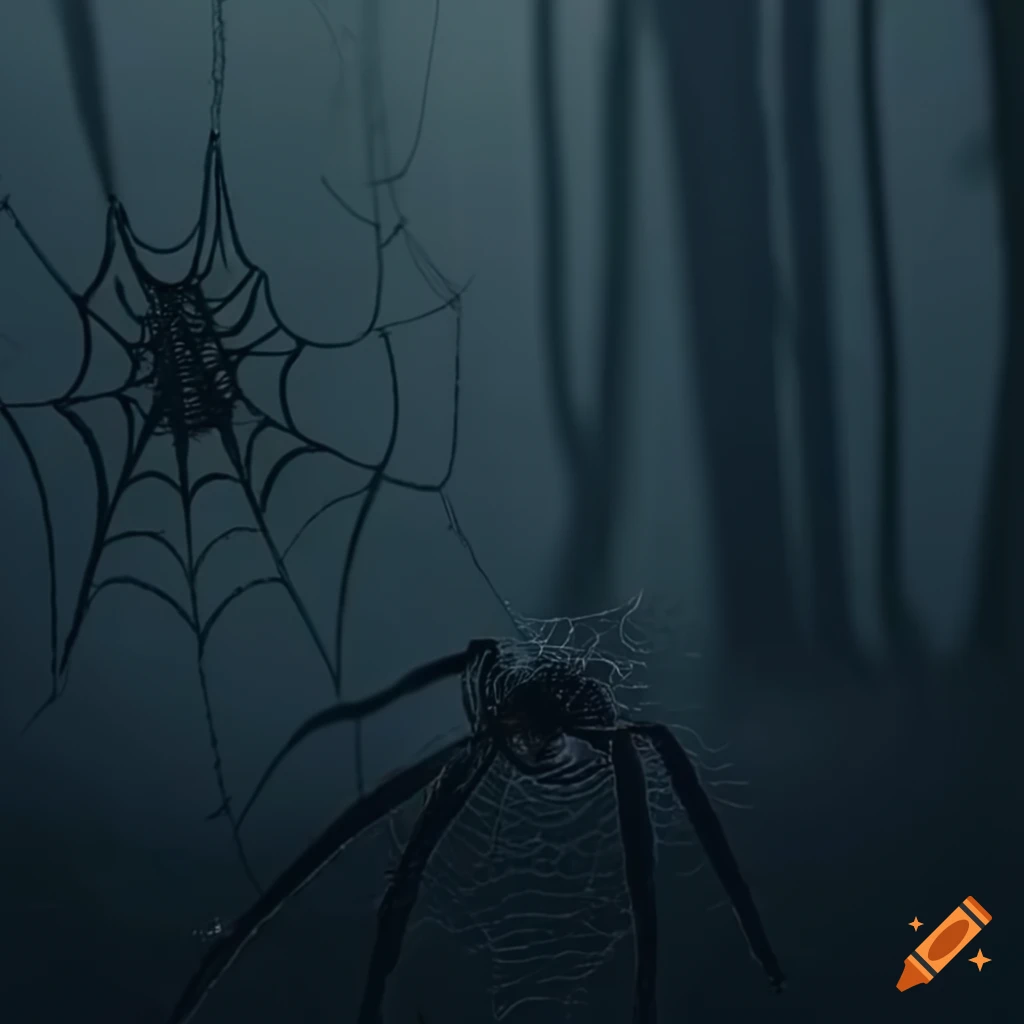 close-up of a spider web in the fog