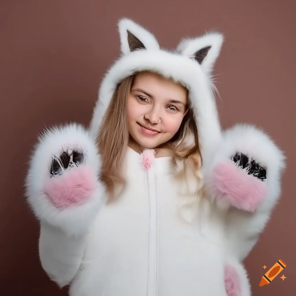 Portrait of a girl in a white cat onesie with fluffy ears