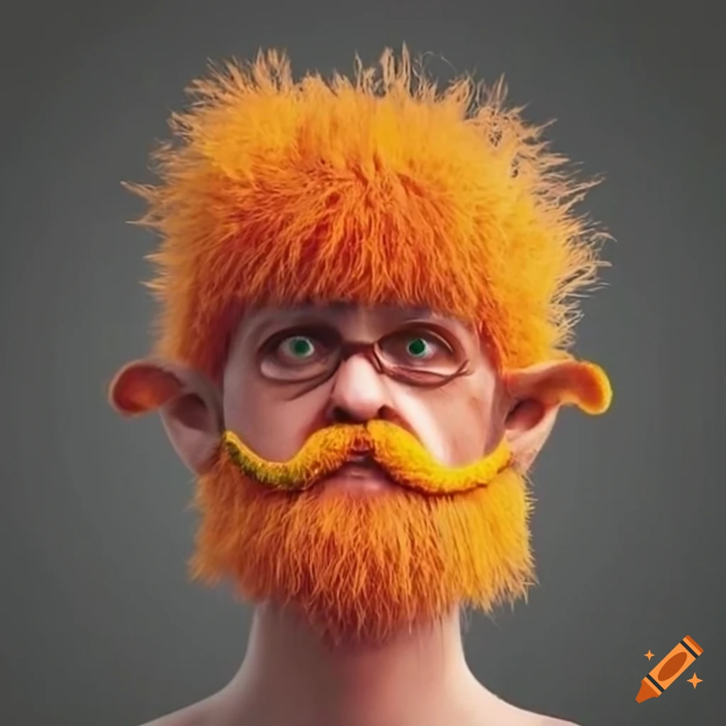 Cartoon illustration of an orange fuzzy man with a yellow mustache on