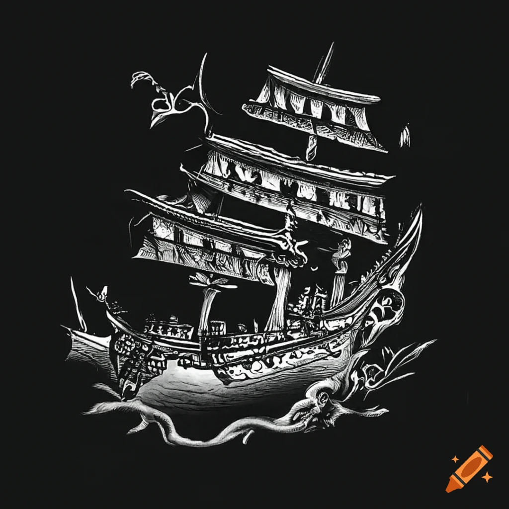 black and white tattoo style of Queen Anne's Revenge Ship