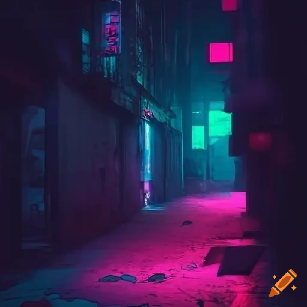 Neon-lit cyberpunk alley with shadow monsters
