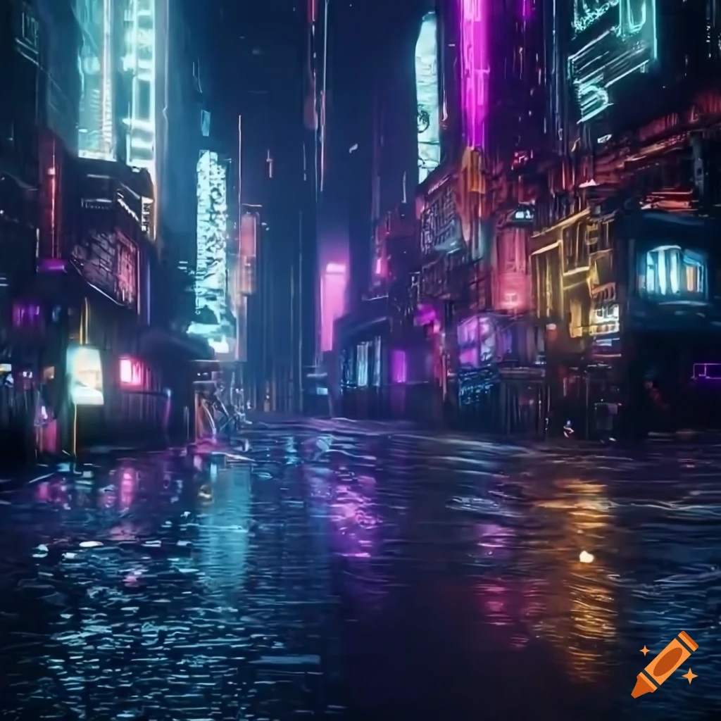 Hyperrealistic futuristic cityscape at night with cinematic lighting