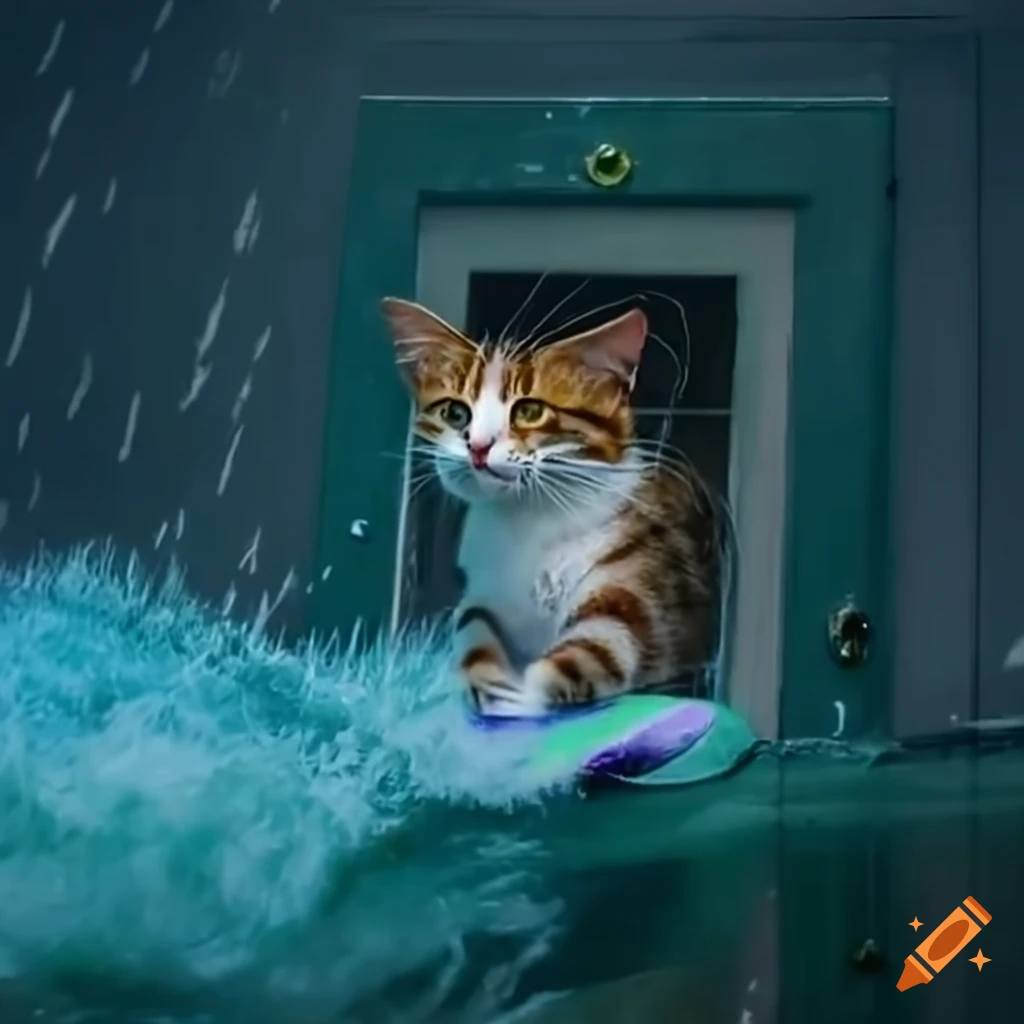 Fantasy illustration of a cat surfing on a giant wave