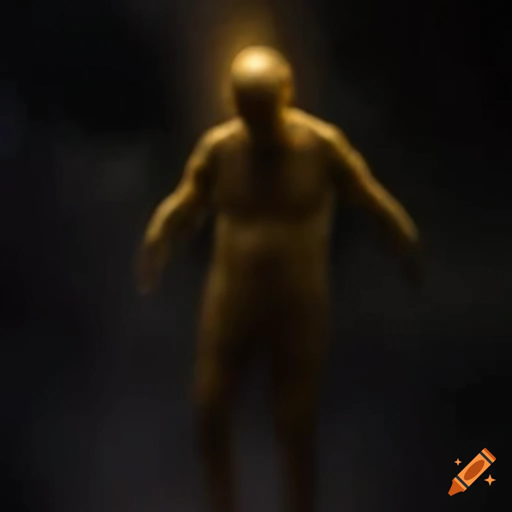 golden human figure emerging from a storm