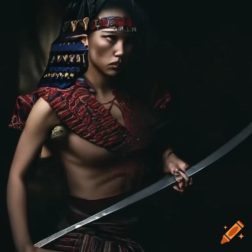 image of a samurai wearing Mayan clothing and wielding a katana