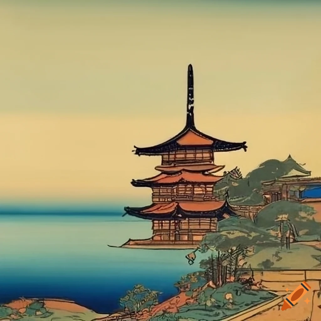 Edo period style landscape painting with pagoda