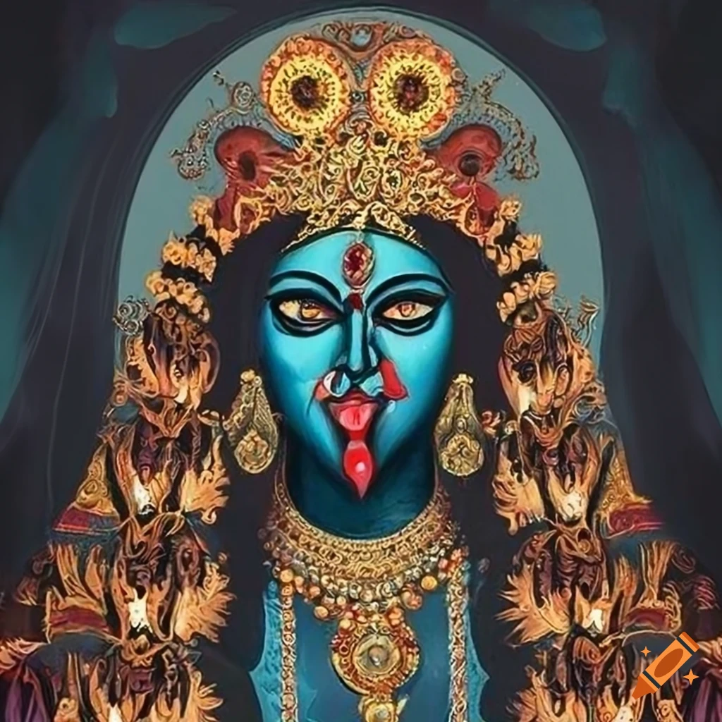 eerie art print of Kali Maa with golden hair