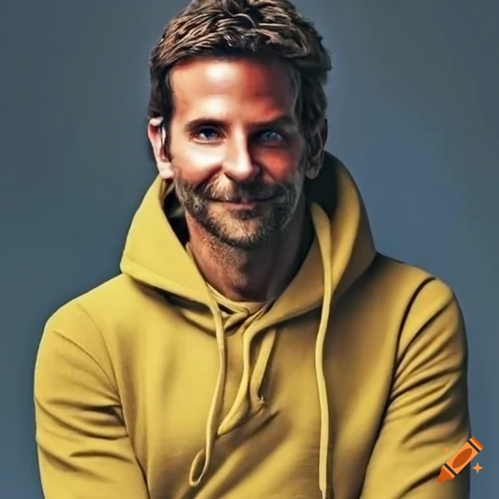 Bradley cooper wearing a yellow hoodie and blue jeans